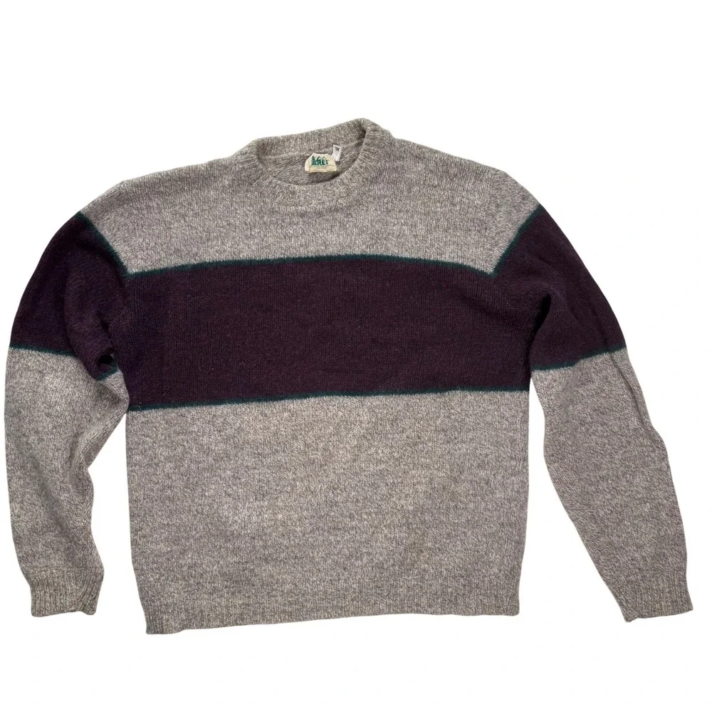 Vintage REI Wool Sweater Mens XL Made in USA Grey Purple Stripe Crew Neck‎ Knit